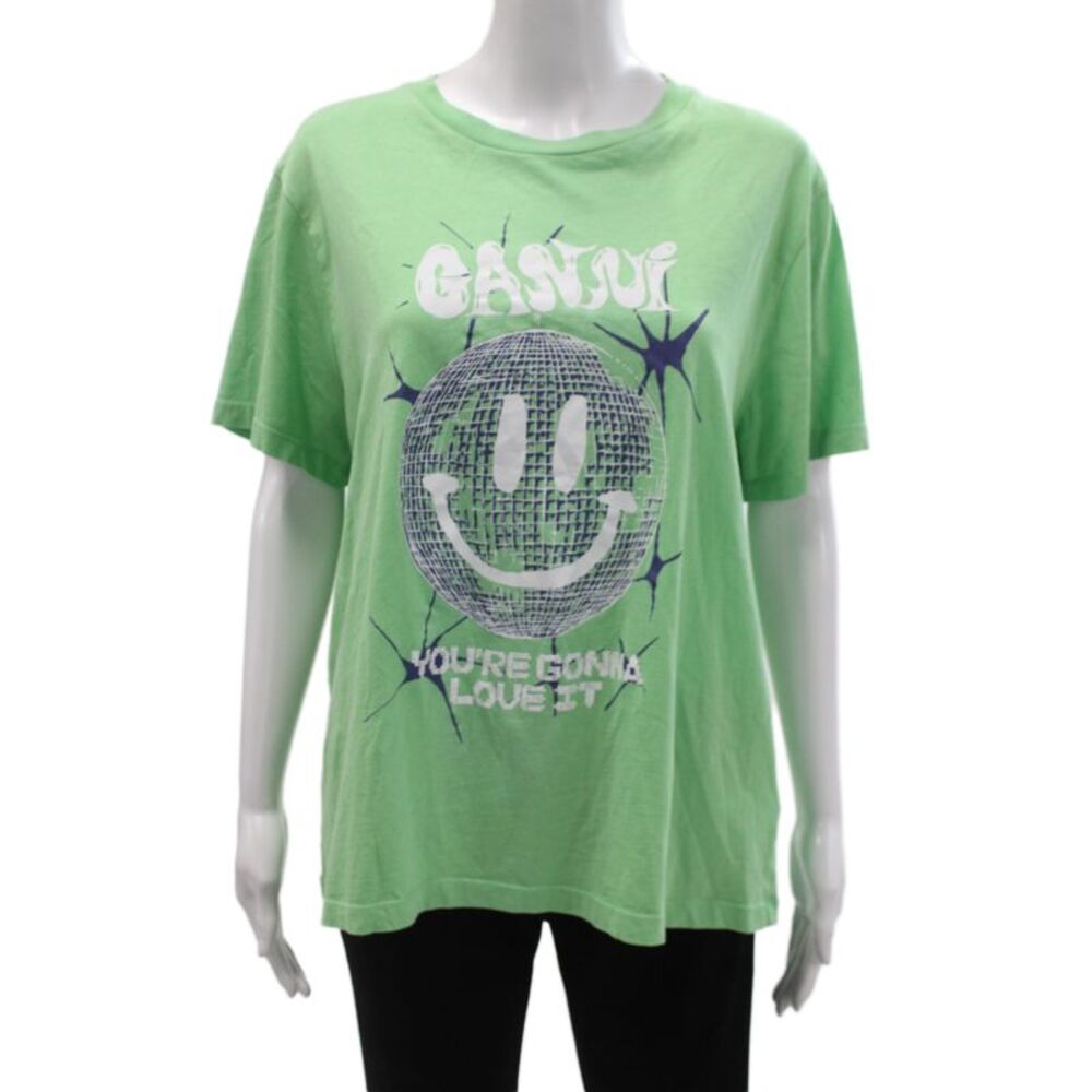 Ganni Womens Green Jersey T-Shirt Organic Cotton Short Sleeve Crew Neck Size XL